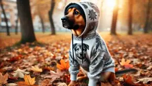 DALL·E 2024 09 09 23.34.23 A stylish pet dog wearing a screen printed hoodie sitting outdoors on a cool autumn day. The dog is medium to large size and the hoodie has a fun an